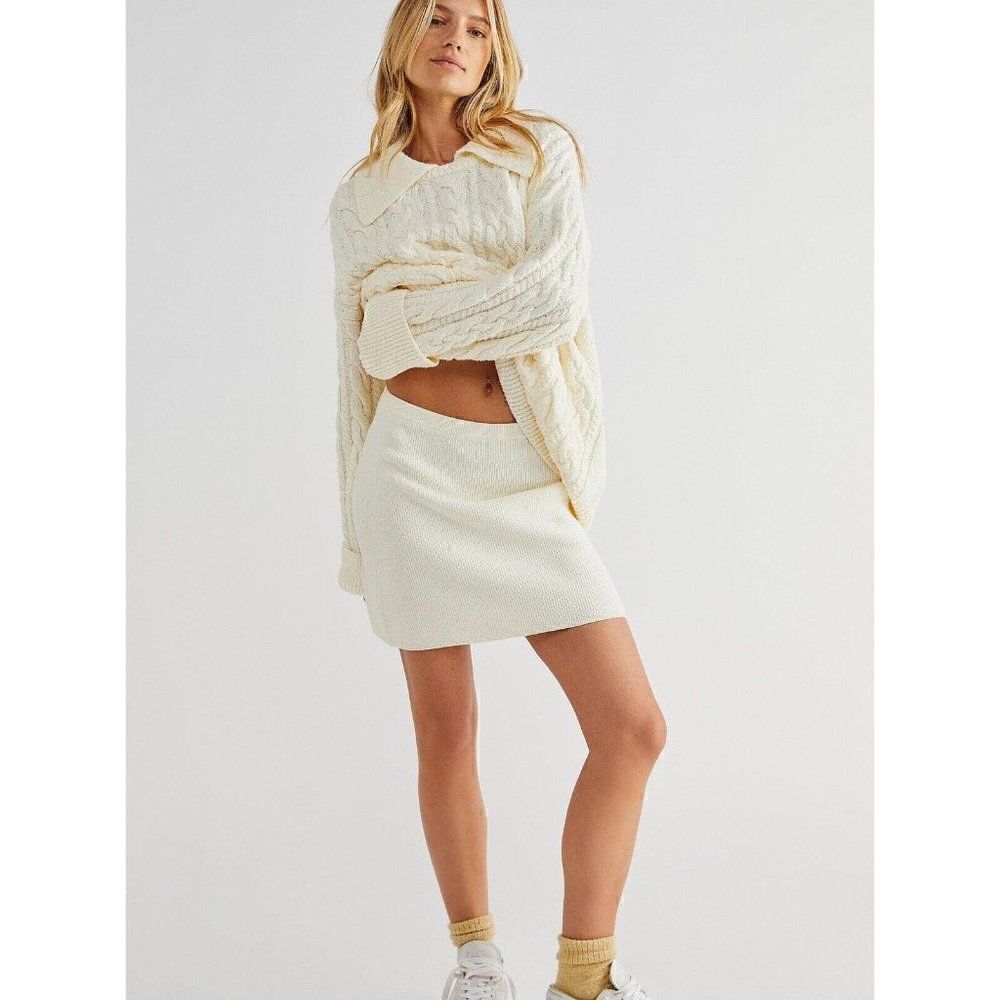 NWT FREE PEOPLE Sz S LAUREL SWEATER SET 2 PIECE CABLE PULLOVER & SKIRT SET IVORY